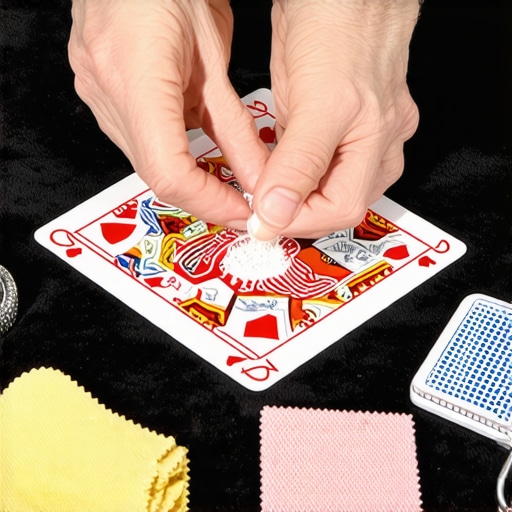 Magician Maintaining Props for Longevity Close-up of magic prop maintenance with cards and cleaning tools