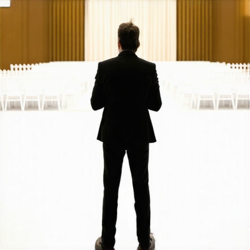 Magician auditing venue sightlines A professional magician evaluating the seating layout and sightlines in an empty venue to ensure visibility for all guests.