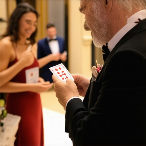 Magician performing close-up magic for guests in a queue An entertainer performing interactive magic for guests to prevent boredom during event transitions.