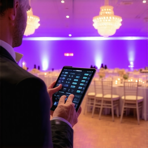 Event manager using a tablet to control lighting and logistics for a gala dinner.