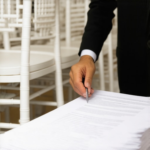 Event planner reviewing insurance documents near luxury rentals.