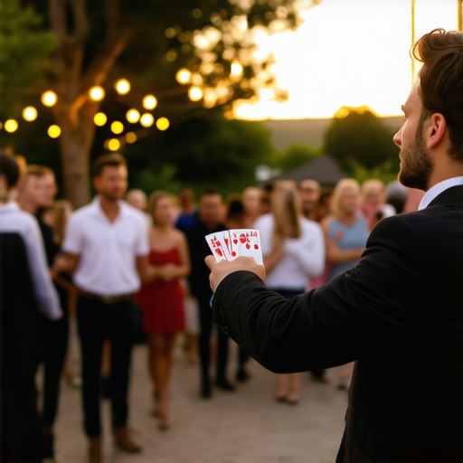 Managing the Queue with Close-Up Magic A magician performing for guests waiting in line for a mechanical bull rental to maintain order and safety.