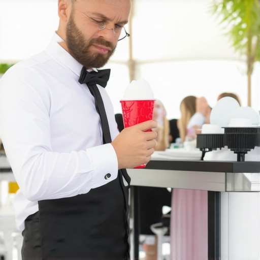 A stressed event planner managing snow cone syrup mess near technical equipment.
