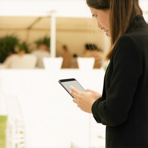 Mastering Event Logistics with Digital Tools Event planner using a tablet to manage rentals and entertainment at a luxury outdoor wedding.