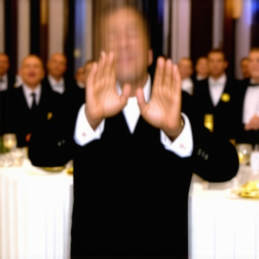 Close-up of a magician performing sleight of hand at a corporate event with focused spectators.