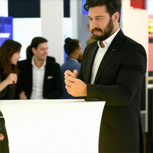 Professional magician engaging corporate leads at a high-traffic trade show booth.