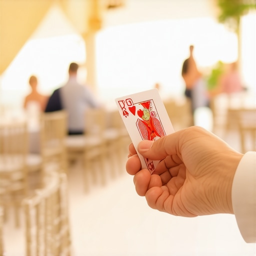 A magician performing sleight of hand at a luxury wedding tent event showcasing the importance of layout and atmosphere.
