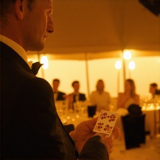 Magician performing close-up sleight of hand for guests at a high-end corporate gala dinner.