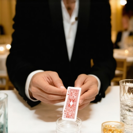 Minimalist cocktail table setup for interactive magic Professional magician performing at a corporate gala cocktail table