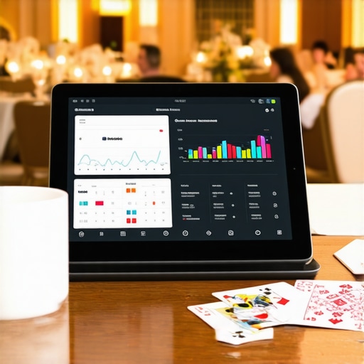 Digital dashboard with event analytics next to magician props and a microphone.