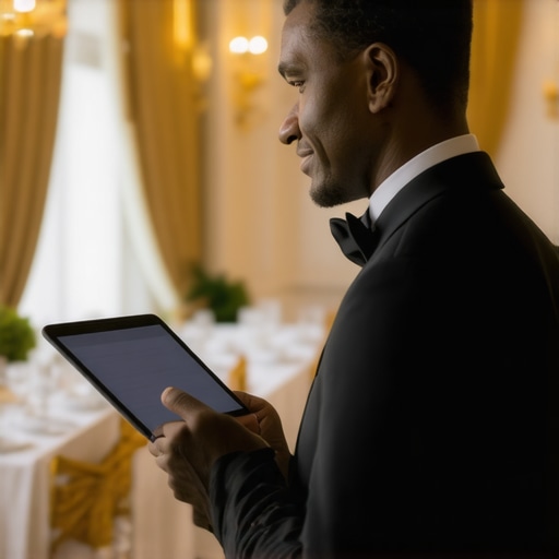 Modern Event Logistics and Digital Management A close-up of a digital tablet being used to coordinate high-end event rental logistics and local search traffic.