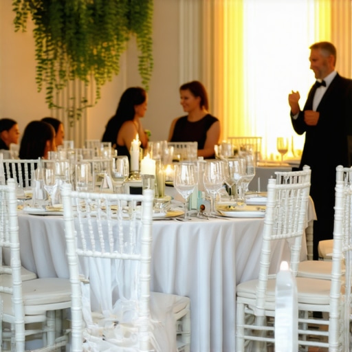 Modern Interactive Bridal Shower Layout A high-end event space showing furniture arranged for guest interaction and close-up magic entertainment.