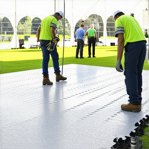 Workers installing a level modular subfloor for an outdoor event under a tent.