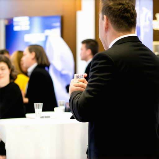 A magician performing close-up magic at an open-layout trade show booth to increase lead engagement.