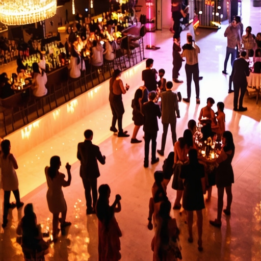 A well-placed event dance floor positioned next to a cocktail bar to encourage guest movement.