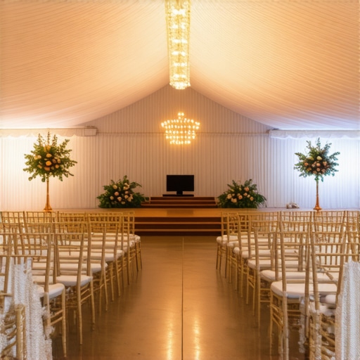 A well-organized event tent layout featuring a stage and tiered seating for maximum visibility.