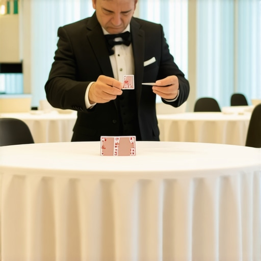 Magician performing at a high-top cocktail table for standing event guests