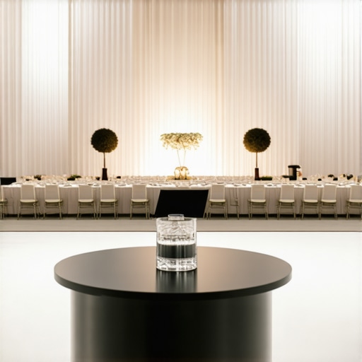 Optimized Event Layout for Maximum Guest Engagement Minimalist corporate event setup with round cocktail tables and professional lighting to enhance social interaction.