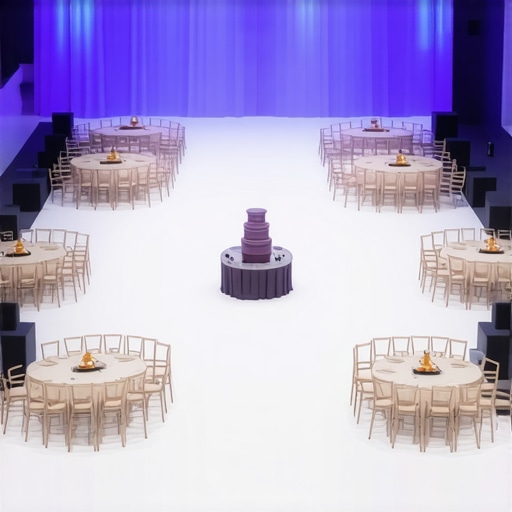 Top-down view of a professional event floor plan showing strategic placement of rentals and performance space.