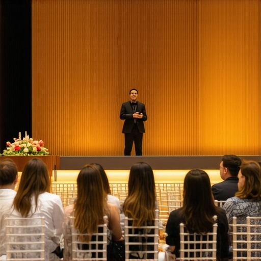 Optimized Event Layout for Performance Visibility Magician performing for guests in a perfectly designed event space with low-profile seating and clear sightlines.