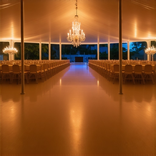 A professional event tent layout showing clear sightlines and acoustic consideration for performances.