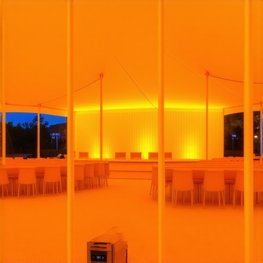 Interior view of a heated event tent with guests interacting around a central focal point.