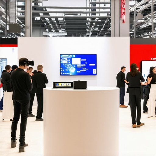 A high-traffic corporate booth featuring modern furniture and interactive VR experiences for lead generation.