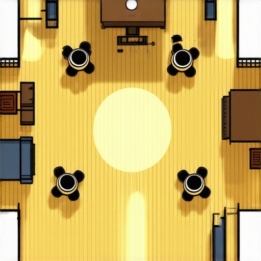 A top-down view of a tent layout for a mystery event including furniture clusters and a focal point table