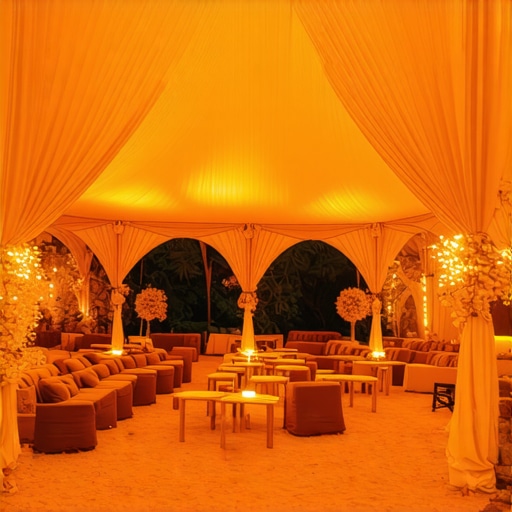 Optimized Heated Event Tent Layout Interior of a luxury heated party tent with lounge seating and climate control ducting.