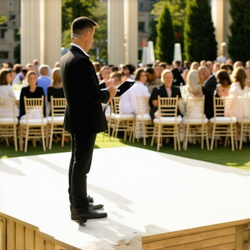 A magician performing on a riser with a dance floor positioned to maximize audience sightlines at a corporate event.