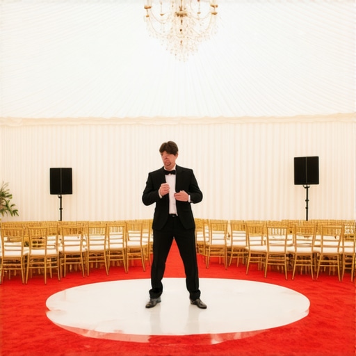 A professional magician performing in a rental tent with optimized seating and acoustic draping.