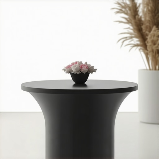 Professional minimalist event booth layout with round table and clear sightlines for better engagement.