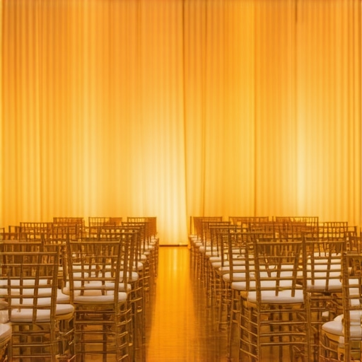 An elegant event room setup showing how Chiavari chair spacing creates clear sightlines for live performances.