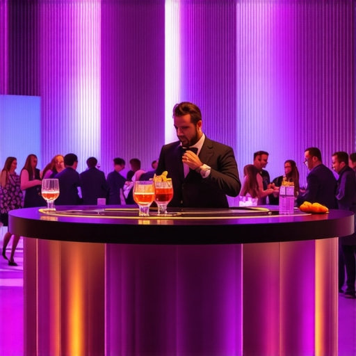A minimalist trade show booth design that encourages visitor interaction through live performance.