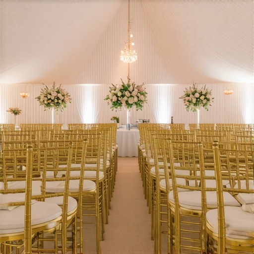 A luxury wedding tent setup showing perfect sightlines for entertainment with angled seating and professional lighting.
