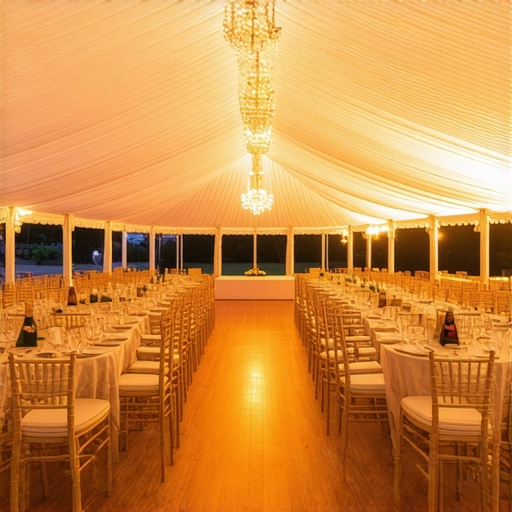 High-end wedding tent interior with stage and Chiavari chairs