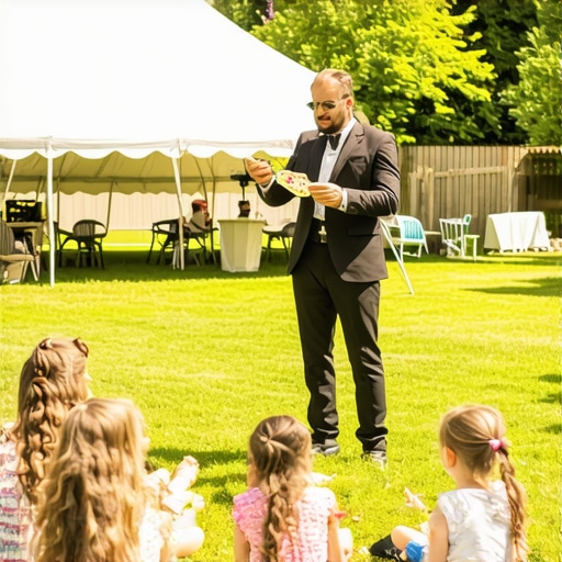 Magician performing for children in a backyard with clear sightlines and organized seating