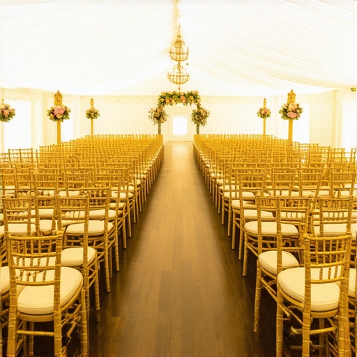 A luxury event tent interior showing a chevron chair layout for better guest visibility and flow