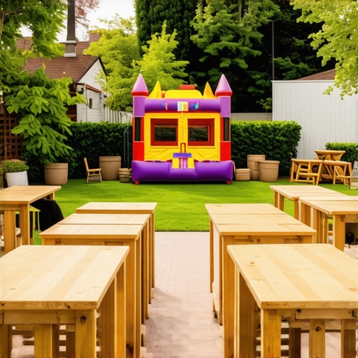 A well-organized backyard party featuring a magic show area separated from a bounce house by furniture and decor.