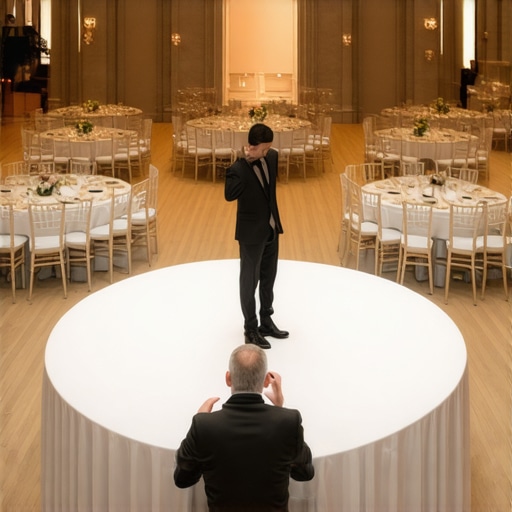 A professional event layout showing round party table rentals and guests engaged in a magic performance.