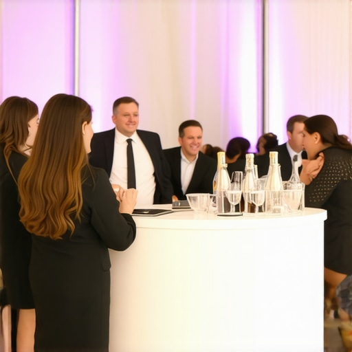 A well-lit corporate event space featuring interaction zones and professional rentals designed for guest engagement.