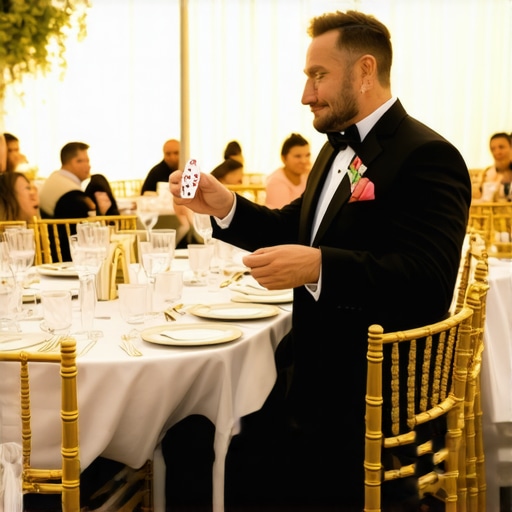 Optimizing Event Layout for Interactive Entertainment A close-up magician performing for guests under an elegant outdoor event tent with gold chiavari chairs.