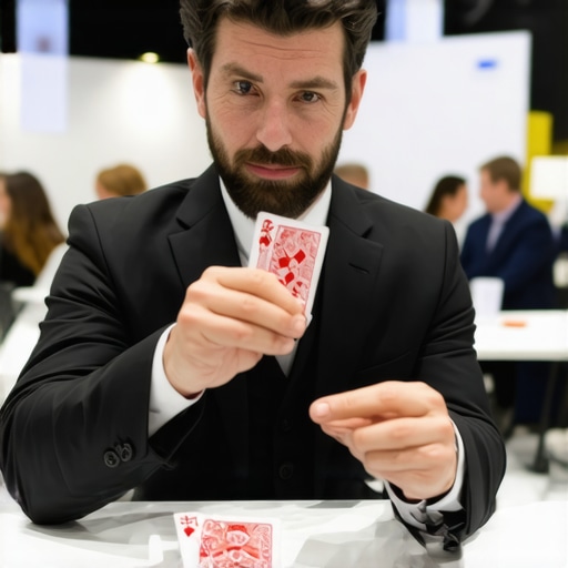 Optimizing Event Layout for Magic Performance A magician engaging a small group of business professionals in a clean, professional event booth.