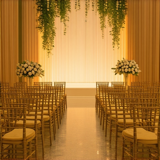 Golden Chiavari chair rental setup designed for a professional magic show performance.