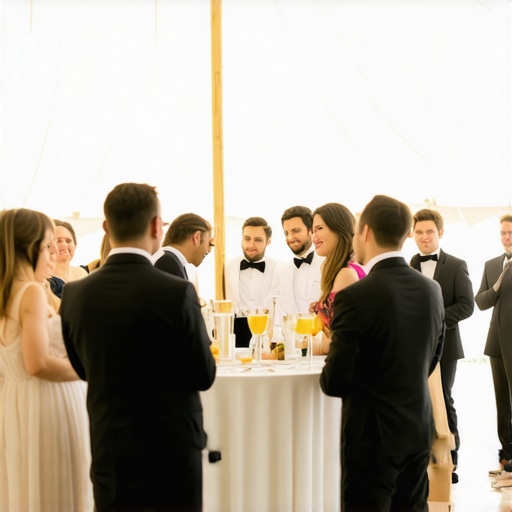 A group of corporate guests watching a close-up magician in a large event tent with professional layout and lighting.