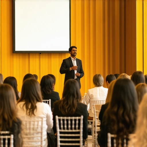 A speaker engaging a corporate audience in a well-arranged event space with Chiavari chairs.