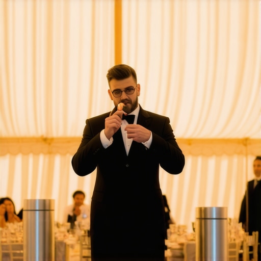 A magician performing inside a climate-controlled luxury tent during a winter event.