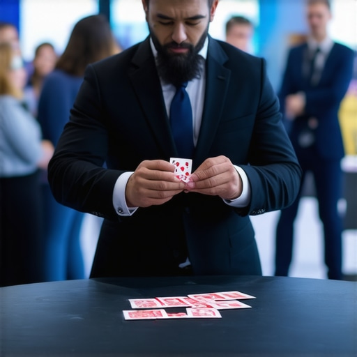 Magician performing at a round trade show table to a crowd of business professionals