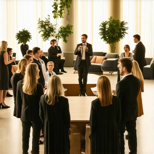 High-end event space showing furniture arranged for social flow and live interaction.