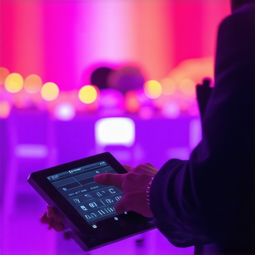 Professional event planner using a DMX lighting controller to manage luxury event atmosphere.